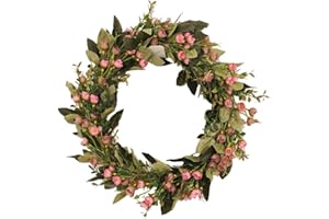 FLAMEER Spring Wreaths, 16" Artificial Door Wreath with Eucalyptus Leaves & Little Flowers for Front Door Farmhouse Wreath Greenery Wall Indoor Outdoor Décor - Dark Color
