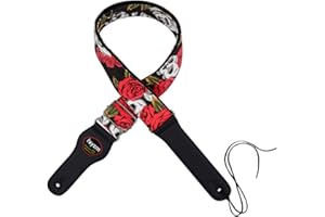Rayzm Pasek do gitary i basu, duży bawełniany pasek do gitary akustycznej/elektrycznej/basowej z kieszenią na kostki i czaszką, szerokość 6,5 cm, regulowana długość od 97 do 154 cm.