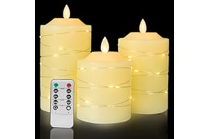 NANCIA Battery Operated Led Flameless Candles :with Embedded String Lights,3 Pack Ivory Flickering Electric Candle lamp,with 10-Key Remote Control and Cycle 24 Hours Timer Festival, Party, Home Decor