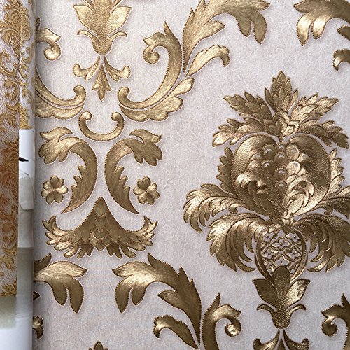 Kaluori 32,8 Ft x1.738ft Luxus Metallic Gold und Creme Strukturierte Damast Tapete Home Raum Wand Papier Rollen für Wohnzimmer, Schlafzimmer, Bars - 3