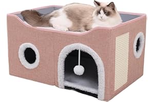 ERNAN Katzenhöhle,Katzenbetten,Katzenhaus, Faltbare Katzenbetthöhle mit Kratzbrett und Spielball, Faltbare Katzenbetthöhle zum Schlafen, Verstecken, Spielen & Kratzen (Pink, Medium)