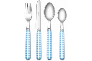 EXZACT Couverts en inox 24 pièces - Motif Vichy de Couleur: 6 x Fourchettes, 6 x Couteaux, 6 x Cuillères, 6 x Cuillère à café (Bleu)