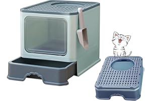 MINGYI Bac à Litière pour Chat Fermée, Grande Maison de Toilette Chat Pliable avec Couvercle, Tiroir à Litière avec Pelle, WC pour Chats, Jusqu'à 7 kg (Vert XL 51×35×38 cm)