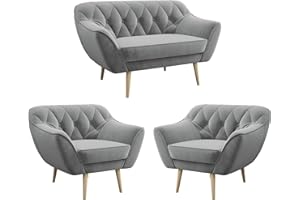 ‎MKS MEBLE MKS MEBLE Sofa - Moderne Sofa Set 2+1+1 - Skandinavische Deko Polstersofa - Pirs Loungesofa und Zwei Sessels - Vier Personen Grau