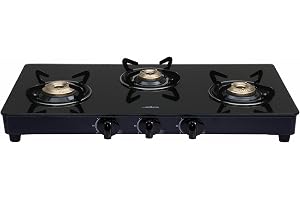 Elica Vetro 3 Burner Auto Ignition Gas Stove | 773 CT VETRO BLK AI | Brass Burners | Toughened Glass Top | Euro Coated Pan Support | 7-Year Glass Warranty | Black