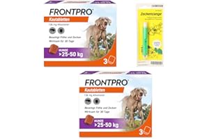 FRONTPRO Kautabletten für Hunde 25-50 kg 6-Monats-Set zum Schutz gegen Zecken und Flöhe mit Zeckenzange: Schützt bis zu 6 Monate