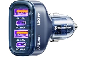 SUNDAREE Zigarettenanzünder USB C,120W 4 Port 12V 24V Kfz Handy Auto Ladegeräte Type C PD QC 4fach Schnellladen Adapter for Samsung A54/Google Pixel 7a/Redmi Note 12/iPhone 14/MacBook/Lenovo/Laptop
