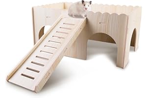 WIYETY Hámster Cobayas cama de madera: casa de cobayas con rampa, accesorios para hámster, accesorios para conejillos de indias, casa de hámster de madera para conejos enanos, chinchillas, hámsters,