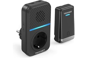 TECKNET Sonnette sans Fil, 400M Sonnette de Porte sans Fil Auto-alimentée, IP65 Étanche Carillon Electronique, Kit de Carillon avec prises USB Externe et Lumière LED, 60 Mélodies, 5 Niveaux Volumes