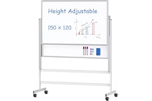 maxtek Tableau Blanc Mobile Réglable en Hauteur 150×120 cm, Tableau Blanc Effacable Magnétique avec 2 Panneaux Double Face 120×75cm, Whiteboard sur Roulettes Cadre en Aluminium