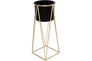 green leaves Metal Planter Stand with Plant Pot Flower Pot for Indoor Balcony Flower Rack (Black, Large)