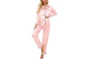 Ekouaer Pyjama Femme Manches Longues,Pyjama Set Femme Ensembles de Pyjama Femme en Satin Vêtements de Nuit Femme 2 Pièces