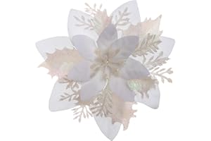Xmastell 15Pcs Poinsettia Artificial Flowers Decorations, Glitter Christmas Flower Ornaments, Christmas Tree Decorations Flowers, with Clips for Xmas/Wreath/Garland Decor, 14cm White