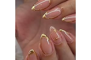 Viugex 24 Piezas Rosa Nude Uñas Postizas Almendra, Francesas 3D Dorado Press on Nails con Estrella, Brillantes Acrílicas Cobertura Completa Uñas Falsas, Reutilizables Uñas Adhesivas para Mujeres Niñas