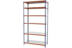 Simon Rack Estanteria Metalica, 2500x800x400 mm, 6 Alturas, Bandeja Metal, 180 kg de Punto Flexión, Estanteria Almacenaje, Azul/Naranja/Galva - Simonclick