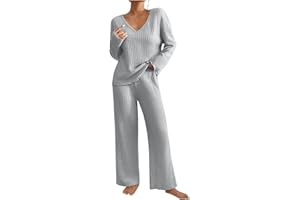 AMhomely Lounge Sets for Women UK Tracksuits Knitted Outfit Oversized Long Sleeve Solid Color Tops Wide Leg High Waist Trousers Pants Fluffy Cosy Pyjamas Holiday Dailywear