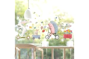 WandSticker4U® - Wielokrotnego użytku obrazki okienne dla dzieci, zając i jeż, samoprzylepne, naklejki na okno, zwierzęta, kwiaty, motyle, dziewczęta i chłopcy, dekoracja pokoju dziecięcego, wiosna