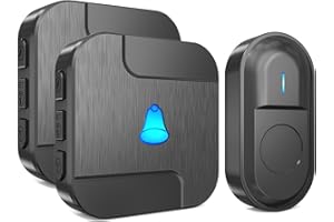 SURFOU Bezprzewodowy dzwonek do drzwi, 300 m, wodoodporny dzwonek elektroniczny, zestaw dzwonków z 2 odbiornikami wtykowymi do domu, 55 melodii na 5 poziomach głośności, LED, niebieski, czarny