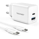 TECKNET Caricatore USB C 45W 2 Porte PD 3.0 GaN Caricabatterie Rapido con Cavo 1.5M USB-C a USB-C Compatibile con iPhone 13/1