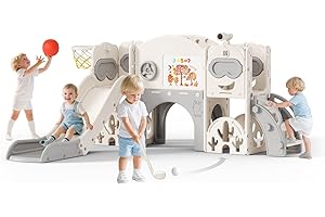 STYPLZ Scivolo per bambini 11 in 1, scivolo per bambini da interno ed esterno con canestro da grande con cestino da basket, telaio da arrampicata per giardino, spazio di archiviazione