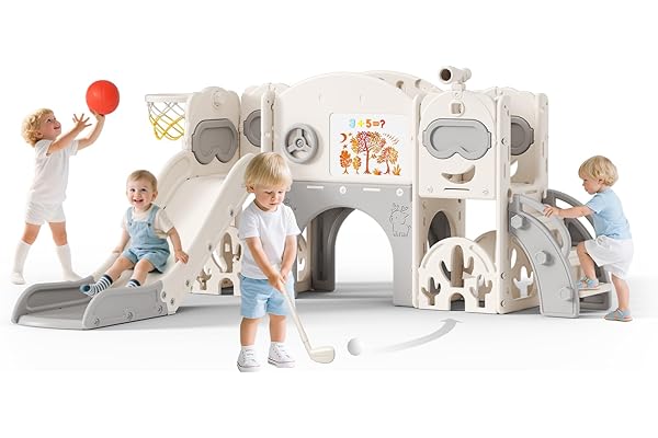 Krovtoy Toboggan pour Enfants épaissi et élargi,Toboggan Extra-Long de 170 cm, pour Tout-Petits 7 en 1 autoportant avec Panier de Basket, grimpeur pour Tout-Petits en Plein air(Beige Gris -7)