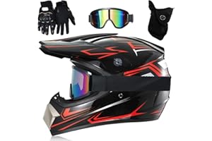 GDAONUDK Casque IntéGral VTT/Cross, Casque de Moto Tout-Terrain DOT Pour Jeunes Enfants, Avec Lunettes, Gants Et Masque, Casque de Descente, Bmx, Quad, Dirt Bike(Light black red,S(52-53cm))