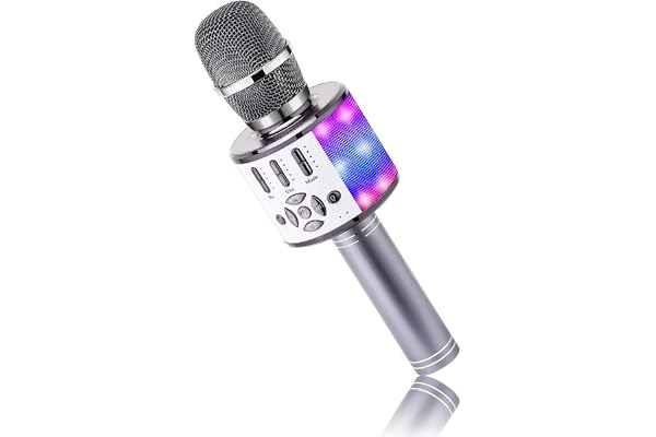BONAOK Microphone Bluetooth sans Fil, Micro Enfants avec Lumières LED, Mini Machine Karaoké pour Fête/Maison/Anniversaire, Compatible avec Bluetooth iOS Android (Gris Sidéral)