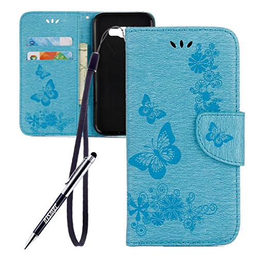 Galaxy A5 2017 Hülle,Samsung Galaxy A5 2017 Blumen Case,JAWSEU Retro Prägung Schmetterling Blumen Muster Kunstleder PU Leder Strap Brieftasche Bookstyle Magnetverschluss Schutzhülle Handytasche Case Cover Etui mit [Ständerfunktion] und [Kartenfächer]für Samsung Galaxy A5 2017+1xSchwarz Glitzer Bling Eingabestift-Blau Schmetterling