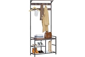 Leader Accessories Stand Appendiabiti in Legno Attaccapanni con Scarpiera a 3 Ripiani e 9 Ganci Rimovibili, Mobile Ingresso Corridoio, Struttura in Ferro, Porta Abiti per Ingresso,Marrone vintage