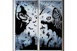 PYUE Halloween Decorations Window Stickers 170 Pcs / 5 Sheets, 50 * 35cm Halloween Window Clings Double Side Stickers Reusable Window Decorations Witch Spider Bat Cat Pumpkin Ghost etc for Halloween Party