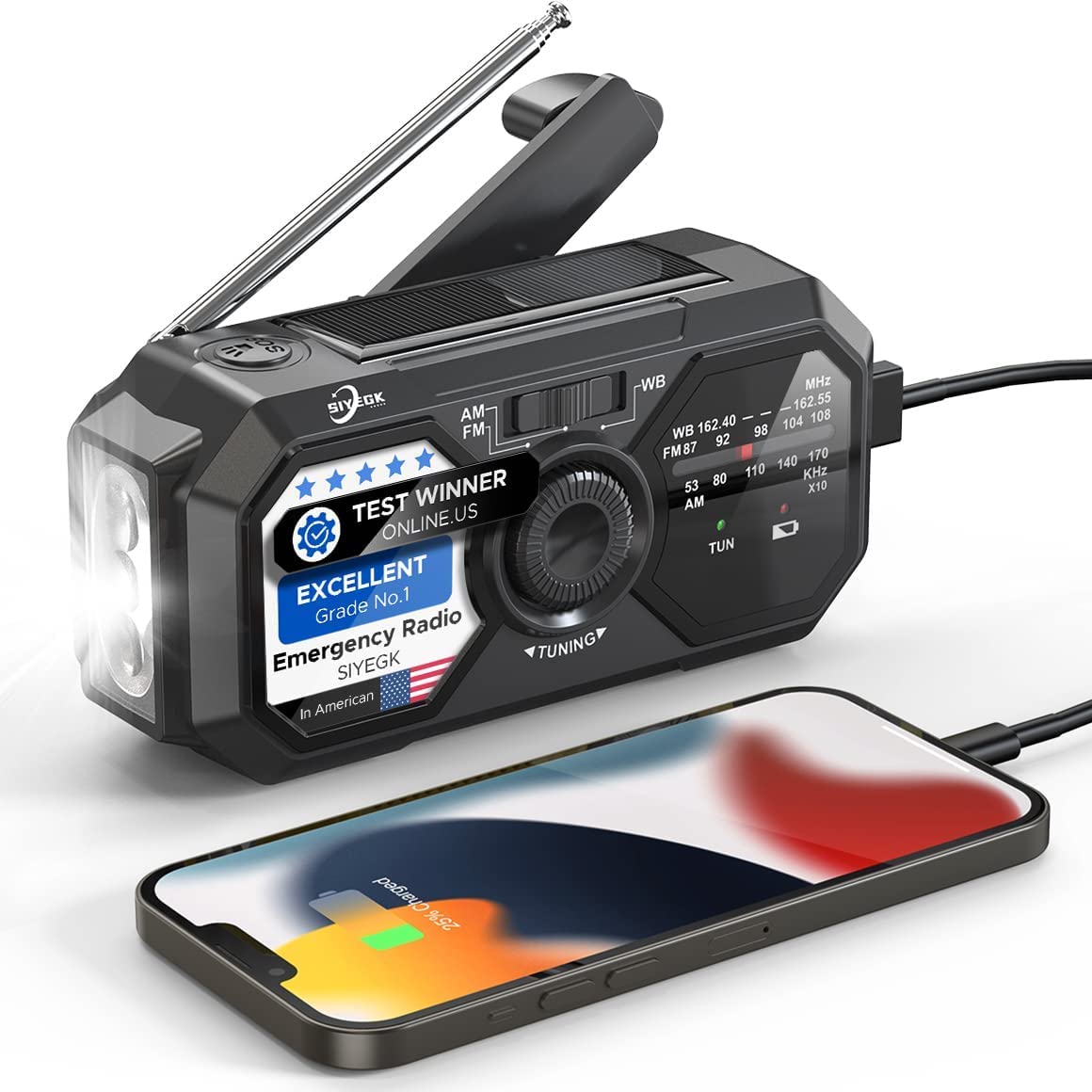 Emergency Hand Crank Weather Radio Solar with Cell Phone Charger, Portable 3500mAh Power Bank NOAA/AM/FM Radio,Battery Power Weather Alert Radios with Flashlights for Emergencies Radio Survial