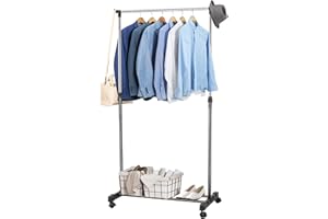 M.J COMFY-LIFE Clothes Rail with Wheels Extendable Clothes Rack Small Portable Clothing Rail for Bedroom Hanging Rail Adjustable Dress Coat Rack Tidy with Storage Stand (Black, Single rail)