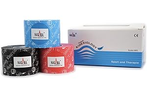 ‎NASARA Nasara Original Kinesiologisches Physio Sport Tape: Sparset mit 3 Tapes in türkis, pink und schwarz in praktischer Präsentationsbox für Sport und Medizin, Rollengröße 5cm x 5m