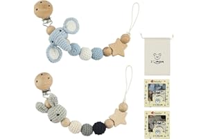 KUWUNG 2 Stück Handgemachte Schnullerkette, Kaninchen Design & Blaue Elefanten Geschenk für Babyparty, Geburtstag Weihnachten