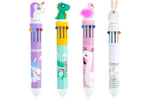 MULAIBDIN 4 Stück 10 in 1 Cartoon Druckkugelschreiber, Kugelschreiber Hochwertig, 0,5mm Mehrfarbiger Stifte, 10 Farben Gelschreiber für Schüler,Büro,Kinder,Geschenk (Schwan/Einhorn/Dinosaurier/Kaninchen)