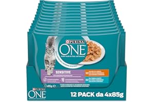 PURINA ONE Umido Gatto Filettini in Salsa Sensitive con Pollo e Carote, con Tonno e Carote - 48 Buste da 85 g Ciascuna (12 Confezione da 4 x 85 g)