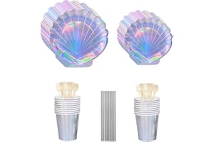 PIUMOJ Meerjungfrau Partygeschirr, Meerjungfrau Party Geschirr Set, Meerjungfrau Geburtstag Pappteller, Pappbecher, Stroh, Meerjungfrau Deko Kindergeburtstag, 8 Gäste