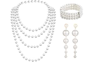 MIVAIUN 3 PCS Faux Pearl Set with Plastic Pearl Long Dangle Earrings 3 Row Stretch Pearl Bracelet 1920 Pearl Necklace Jewelry 1920s Accessories Pearl Set for Party Prom Wedding Festival
