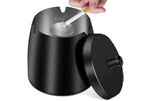 BRSINSE Aschenbecher, Aschenbecher mit Deckel (10×9×10cm), Edelstahl Aschenbecher für Draussen, Sturmaschenbecher als Windaschenbecher, Standaschenbecher mit Rutschfest Boden für Draußen und Innen (Schwarz)