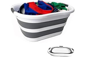 SAMMART 40L Plastic Foldable Laundry Basket/Tub - Collapsible, Space Saving and Portable Laundry Hamper, Ideal for Home, Travel, Dorm, and Camping (1, White/Steel Gray)
