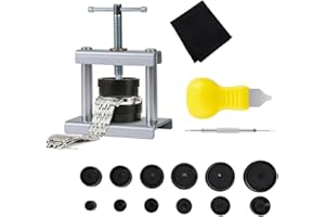 Voarge Zestaw prasy do zegarków, do naprawy zegarków, zestaw narzędzi do wciskania, prasa do zamykania obudowy z 12 płytami dociskowymi, wkładki z tworzywa sztucznego, mechanika precyzyjna, narzędzie