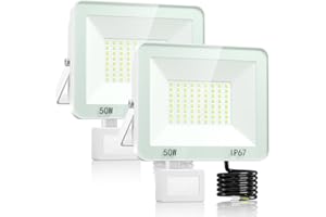 VRTOGTHE Projecteur LED Exterieur Detecteur De Mouvement - 2 PACK 50W 5000LM Lampe Exterieur Detecteur De Mouvement avec IP67 étanche et 3 Modes, 7000k Projecteur LED froide pour Jardin, Cour, Usine, Rue