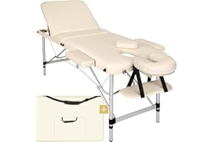 TecTake® Lightweight Portable Massage Table, Comfortable 3 section Padded Folding Spa Bed, adjustable massage bed including accessories, aluminium headrest, armrest and storage bag - Beige