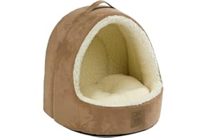 House of Paws Hooded Suede & Sheepskin Cat Bed - Tan, Luxury Cosy Hideaway with Anti-Slip Base, 35x40x37cm