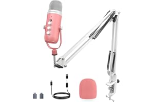 zealsound Kit de Microphone USB pour iPhone, PC, Mac, PS5, avec Suppression du Bruit, Silencieux, pour Gaming, Enregistrement, Zoom, Discord, Youtuber sur Windows, k66s Pink Micro Podcast avec Bras