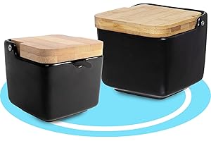Dekohome Salero y Azucarero de Cerámica con Tapa Madera para Cocina, Recipiente para Especias y Aliños, Negro