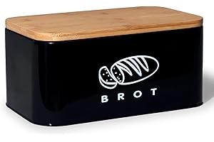Theo&Cleo, contenitore per il pane con coperchio, in bambù ecologico, può essere utilizzato come tagliere, spazioso contenitore per pane in metallo, 30 cm x 18 cm x 14 cm, nero