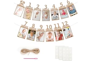 MORLUKS Guirnalda di Foto per 1 Compleanno, Ghirlanda di Foto in Carta Kraft, Ghirlanda di Pietre Miliari per Bambini da 1 a 12 Mesi, Decorazione di Compleanno per Ragazze e Ragazzi(Marrone English)01