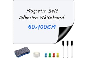 SWETHAW Magnetic Whiteboard, 50 * 100CM Self Adhesive Dry Wipe White Board for Any Smooth Surface Home Kitchen Fridge Shopping List and Office Notice Board with 3 Markers, 4 Magnets, 1 Eraser