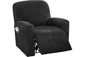 QQJIN Velvet Recliner Chair Cover with Side Pocket, 4 Piece Non Slip Recliner Cover, 1 Seat Stretch Recliner Protector Form Fitted Thick Soft Washable for Living Room, Pet, Kids,Black